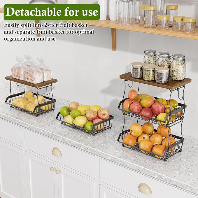 OKZEST 3-Tier Fruit Basket for Kitchen Counter with Banana Hangers, Countertop Organizer Fruit Bowls with Wood Top, Fruit Storage Basket Stand for Storage Potato Onion Bread Snack Fruit Veggie
