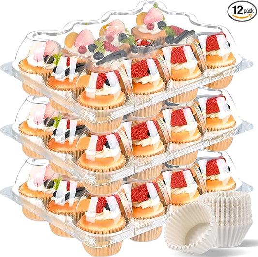 Plastic Cupcake Containers 12 Count (12 Sets), Stackable Cupcake Boxes Holders with Tall Dome Lid, Disposable Cupcake Carrier Trays Include 150 Cupcake Liners