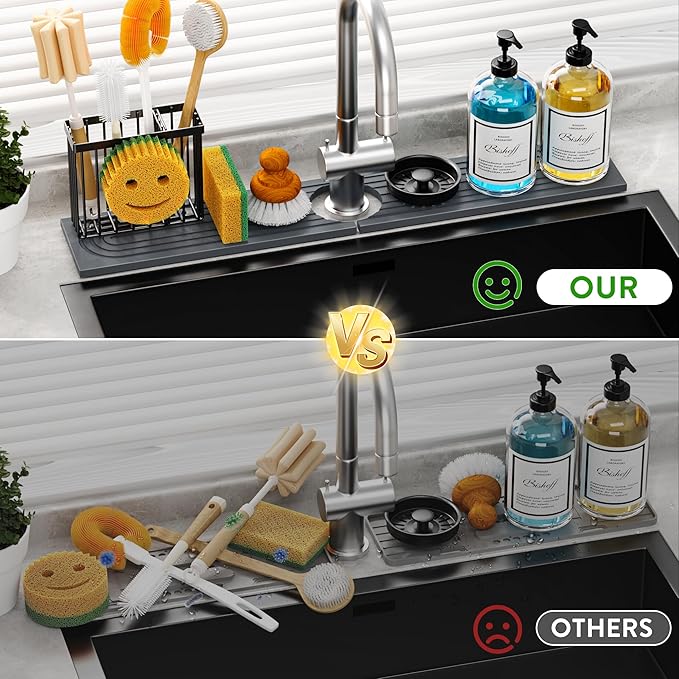 Cisily Diatomite Faucet Mat for Kitchen Sink Protectors with Dish Brush Holder-Absorbent Drying Counter Stone Water Splash Guard Area, Behind Kitchen Sink Caddy Organizers Decor Accessories Organizer
