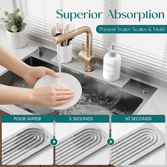 Stone Faucet Mat for Kitchen Sink, Diatomite Stone Drying Mat for Kitchen Counter, 2026 Upgraded Dishwasher-Safe & Ultra Absorbent, Chemical-Free Stone Dish Mat for Bottles Utensils (20" x 3.9")