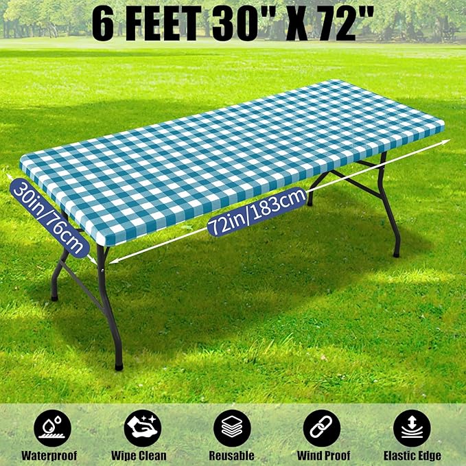 Smiry Picnic Table Cloth 2 Pack, Waterproof Elastic Fitted Tablecloths for 6FT Rectangle Tables, Washable Polyester Buffalo Plaid Tablecloth for Camping & Outdoor (Turquoise & White, 30" x 72")