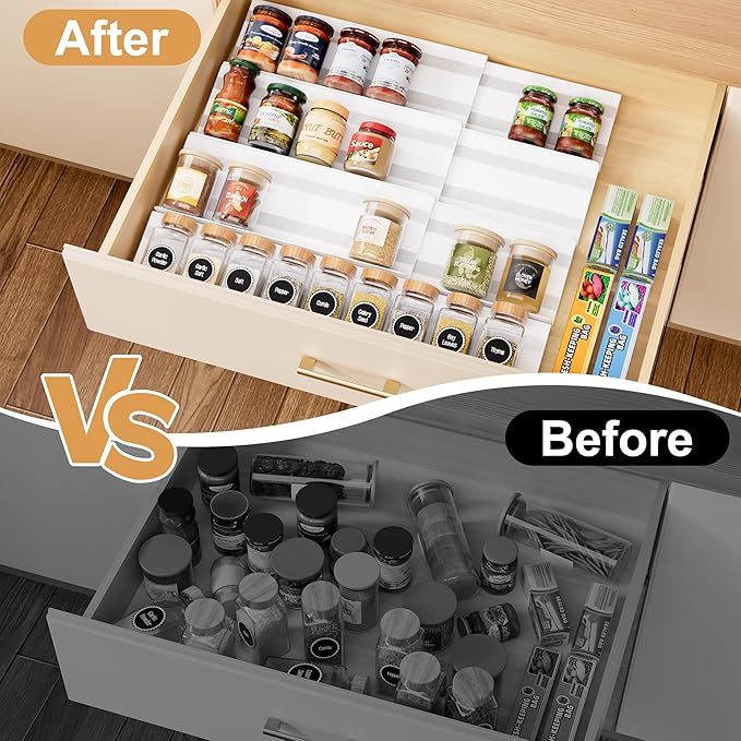 8-Pack Spice Rack for Drawer, Adjustable Seasoning Rack Tray, Expandable from 13" to 26" Kitchen Seasoning Organizers and Storage for Drawer, 2mm Acrylic, White (Jars Not Included)