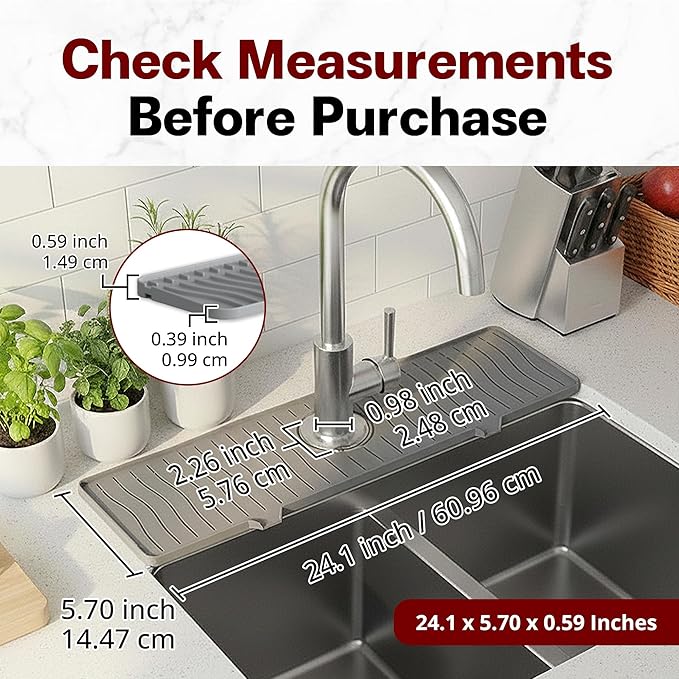 ODRAGO Silicone Kitchen Sink Splash Guard - 24.01 Inch Faucet Mat for Kitchen Sink Water - Longer Faucet Handle Drip Catcher Tray-Sink Guard for Kitchen Sink (Grey)