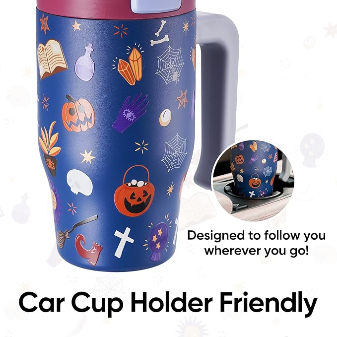 Fijinhom 18 oz Toddler Tumbler with Handle, Stainless Steel Insulated Water Bottle Coffee Mug with Straw, Toddler Cups, Kids Water Bottle for School, Sports, Travel, Ghostly Cuties