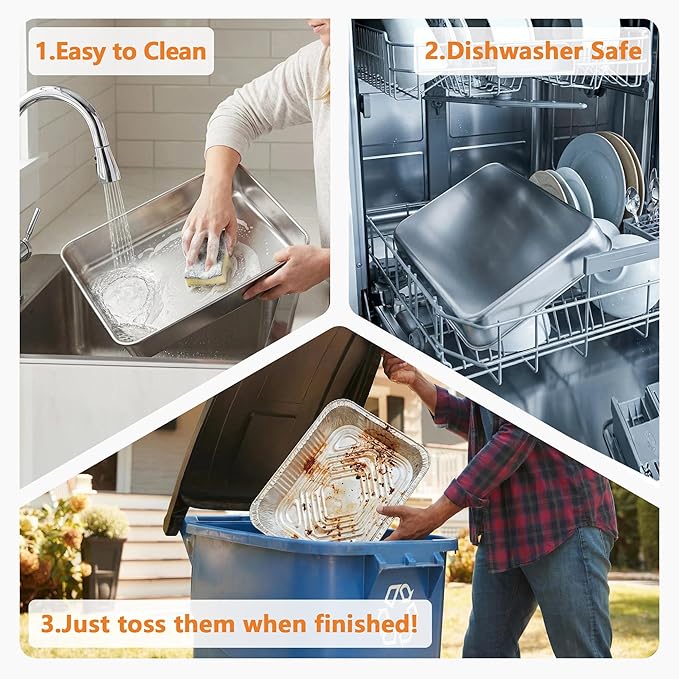 9x13 Baking Pan - Rectangle Cake Pan Deep Heavy Duty Stainless Steel Oven Safe Roasting Baking Pan for Lasagna Brownies Casseroles, with Half Size 10 Pack Disposable Aluminum Foil Pans 9x13