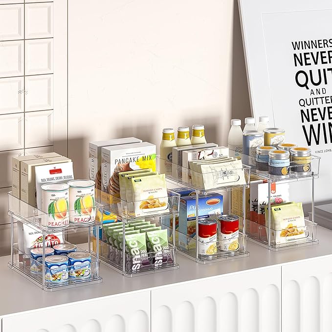 Delamu Under the Sink Organizer, 2-Tier Snap-Lock Cabinet Drawers with Removable Adjustable Shelf, Under Sink Cabinet Organizer for Bathroom, Kitchen, Vanity & Every Household(Clear, 4 Pack)
