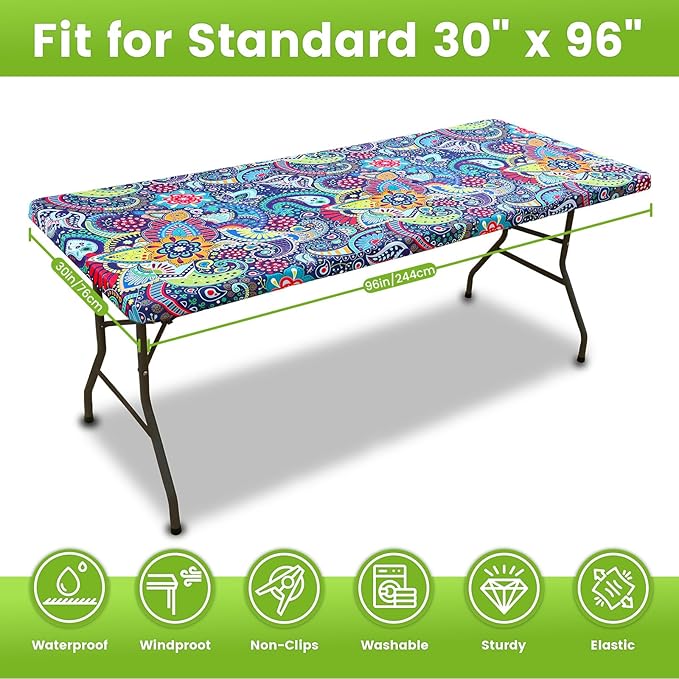 Smiry Spandex Fitted Tablecloth for 8 Foot Rectangle Tables, Washable Picnic Table Cover with Elastic, Stretch Reusable Table Cloth for Outdoor, Camping, Dining & Kitchen (Paisley, 30"x96")