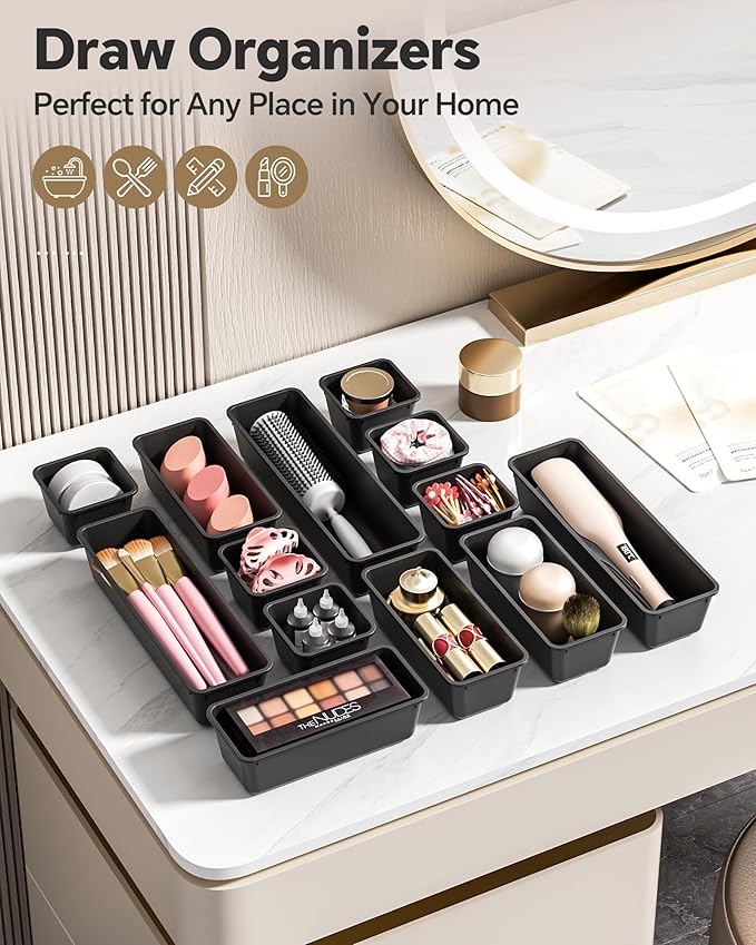 13 Pack Plastic Drawer Organizers Set, 3 Sizes Desk Drawer Organizer Trays for Vanity and Makeup Organizer, Organization and Storage for Makeup, Kitchen Utensils, Bathroom and Office(Black)