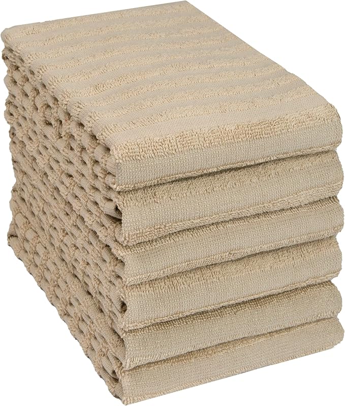 Premium Kitchen Towels (20”x 28”, 6 Pack) | Large Cotton Dish Towels 450 GSM | Highly Absorbent Terry Kitchen Linen Set with Hanging Loop | Tan Solid