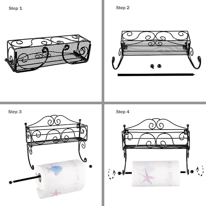 Adhesive Paper Towel Holder with Shelf, Wall Mount, 12in Black for Kitchen, Hand Towel Holder for Bathroom with Shelf