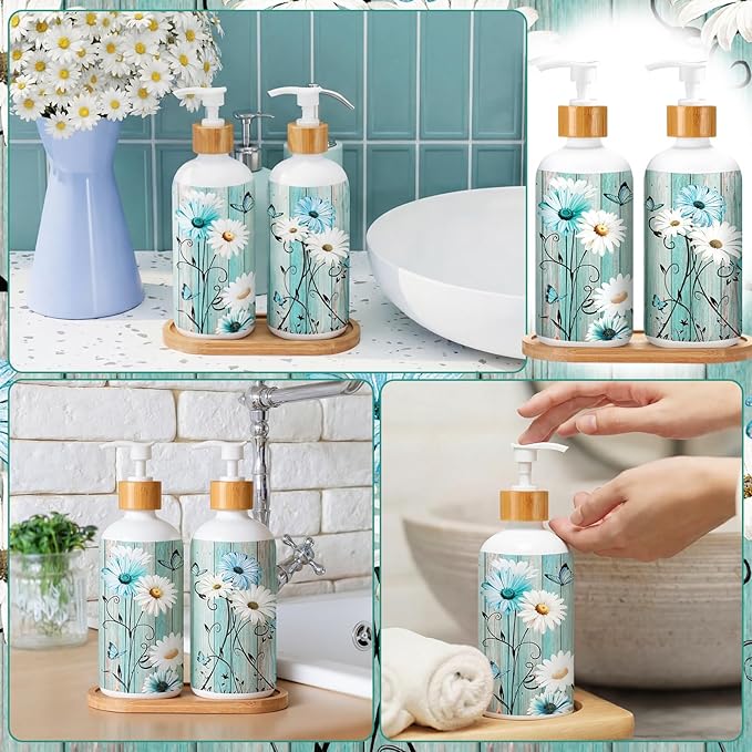 Potchen 2 Pack Glass Soap Dispenser Set Bathroom Decor Housewarming Gift Glass Soap Dispenser with Pump Wood Tray Home Decoration for Kitchen Bathroom (Teal Daisy)
