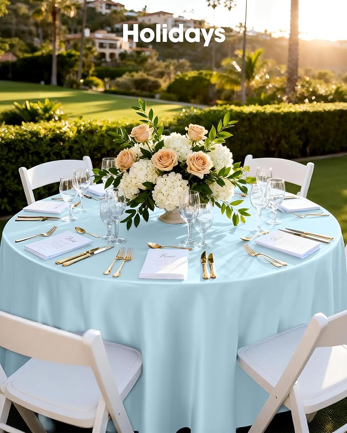 Pureegg Plastic Table Cloth Disposable 10 Pack, 84'' Round Table Cloths, Easter Party, Picnic, Wedding, Decorative Tablecloths, Round, Baby Blue Plastic Cover, Leakproof & Sturdy, Light Blue