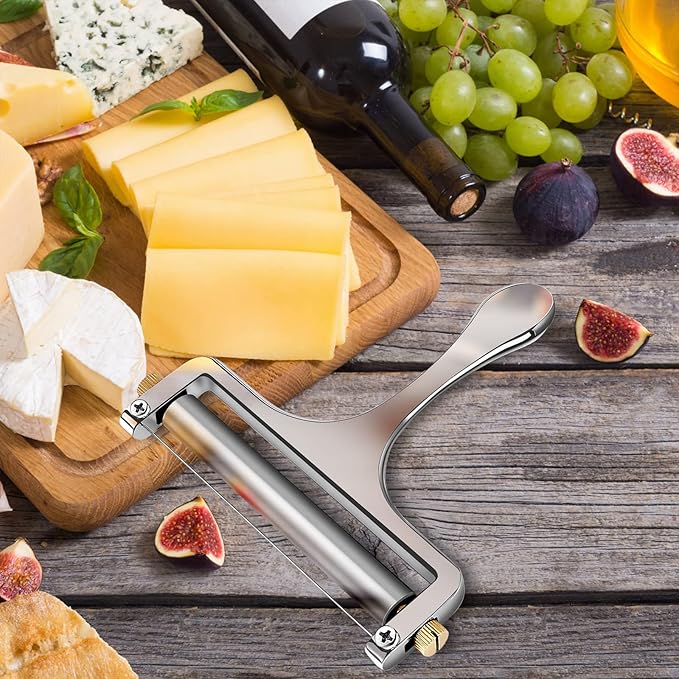 TOPULORS Wire Cheese Slicer Stainless Steel Handheld Cheese Cutter for Mozzarella, Cheddar, Gruyere - with 1 Extra Wire - Adjustable Thickness Cheese Shaver Cheese Slicers for Block Cheese (Silver)