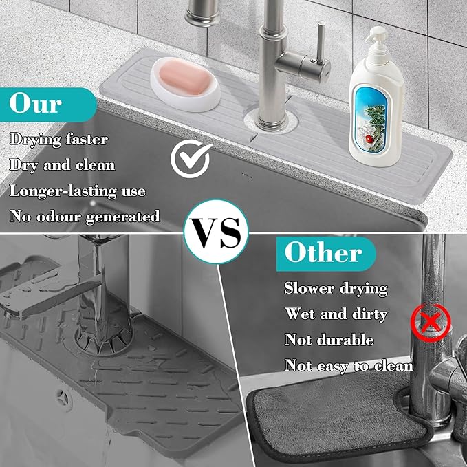 Stone Faucet Mat for Kitchen Sink, 15.7" Diatomite Drying Stone Kitchen Sink Mat Super Absorbent, Stone Kitchen Sink Splash Guard, Sink Stone Quick Dry Around Faucet for Kitchen Bathroom Counter