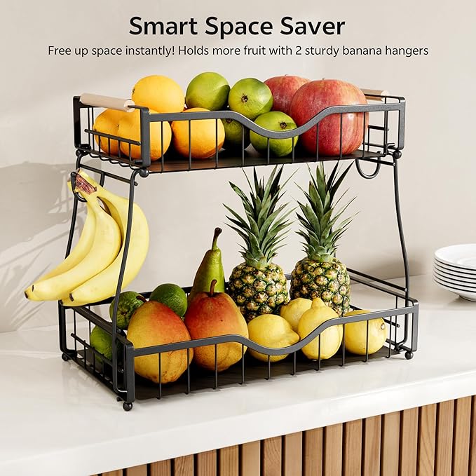 2 Tier Fruit Basket for Kitchen Countertop with 2 Banana Hangers,Detachable Metal Fruit Bowl with Wooden Handles and Protective Pads,Large Capacity Fruit and Vegetable Basket Organizer,Black