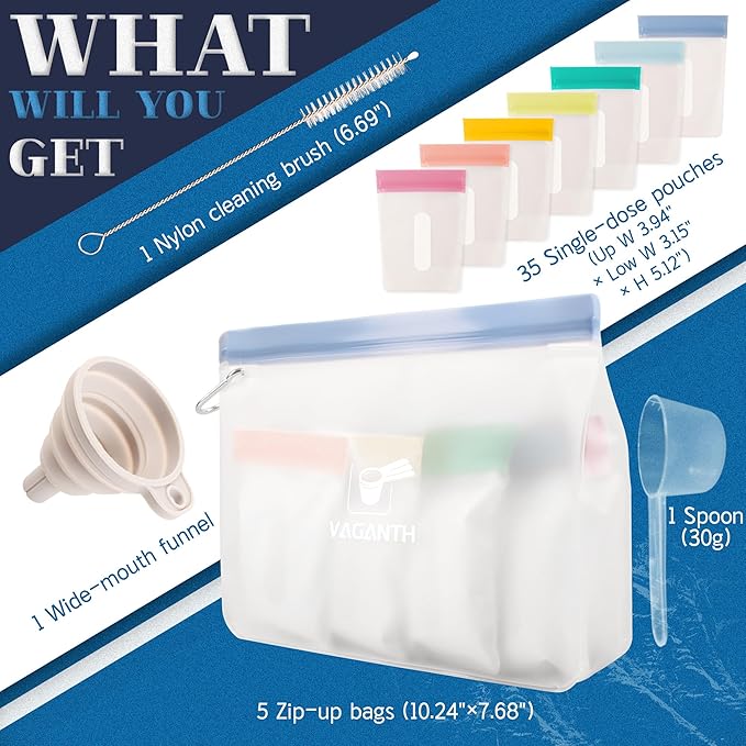 Protein Powder Container Travel Set, 21 Single Dose Bags, 3 Large Zip Bags, Storage Containers with Funnel and Spoon (40 PACK)