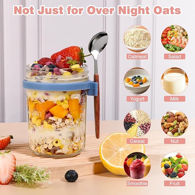 Artcochan 4 Pack Overnight Oats Containers with Lids and Spoons,16 oz Airtight Glass Mason Jars,Leak Proof Overnight Oats Jars for Yogurt, Salad, Chia Pudding