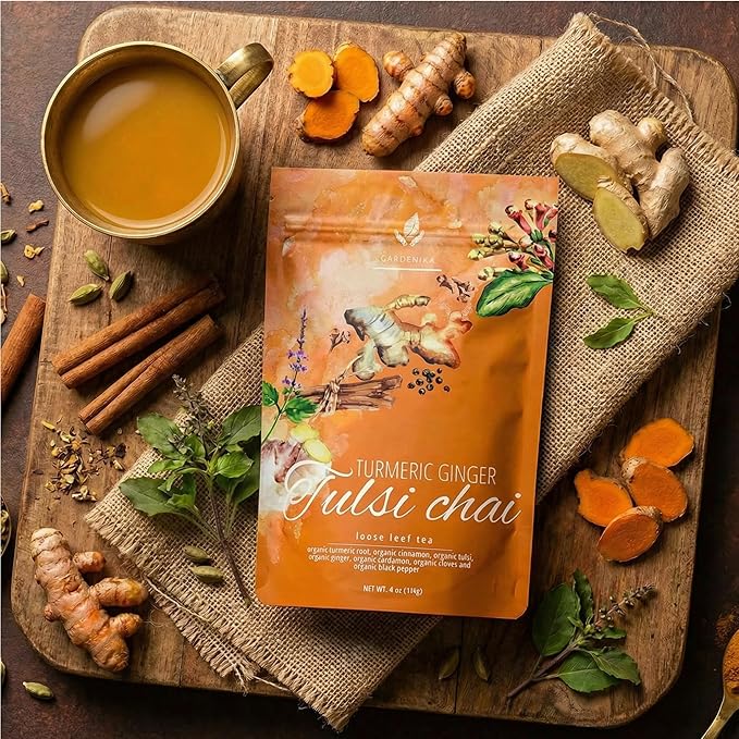 Organic Turmeric Ginger Tulsi Chai Tea | Loose Leaf | Ayurvedic Superfood Blend | Herbal and Caffeine-Free | 55+ Cups | KSA Kosher | 4 oz