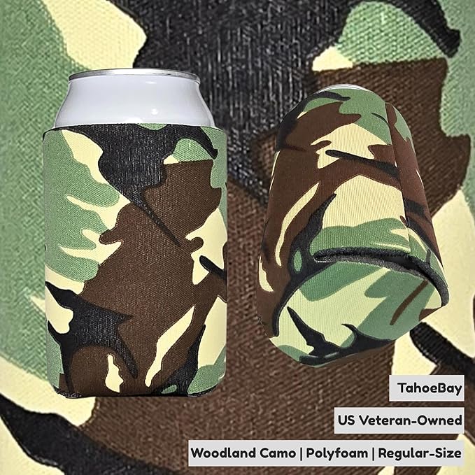TahoeBay Bulk Blank Beer Can Cooler Sleeves (50-Pack) Sublimation Blanks for Vinyl Plain Soft Foam Can Sleeves Coolers for Soda Cans & Bottles Black, White, Assorted Solid Color (Woodland Camo)