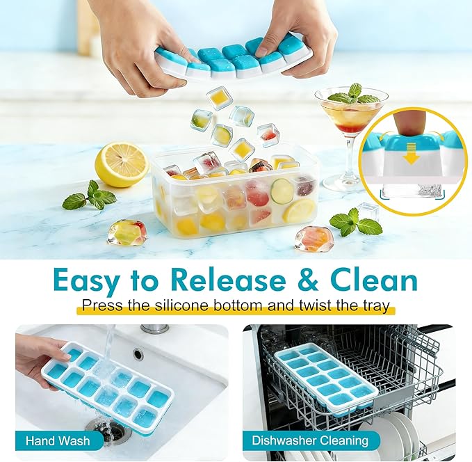 NFK Ice Cube Tray with Lid & Bin - 4 Pack 48 Cubes Stackable Silicone Trays for Freezer with Storage Container, Leak-Proof Lids, BPA-Free, Easy Release for Kitchen, RV, Party, Cocktail & Coffee