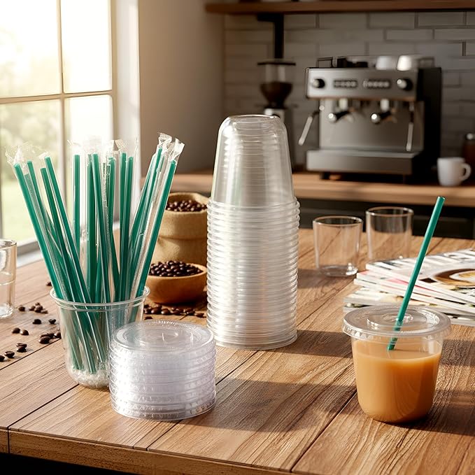 Baderke 25 Set Plastic Cups with Lids and Straws, Disposable Plastic Iced Coffee Cup for Cold Beverage Juice Smoothie Crystal for Coffee Shops Party Catering (Clear,10 oz)