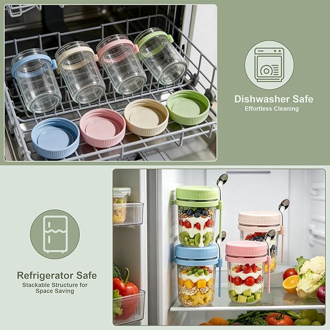 4Pcs Overnight Oats Containers with Lids and Spoons,16oz Glass Meal Prep Jars with Measurement Marks, Leak-Proof Breakfast Food Storage for Yogurt, Cereal, Salad, BPA-Free (4 Colors)