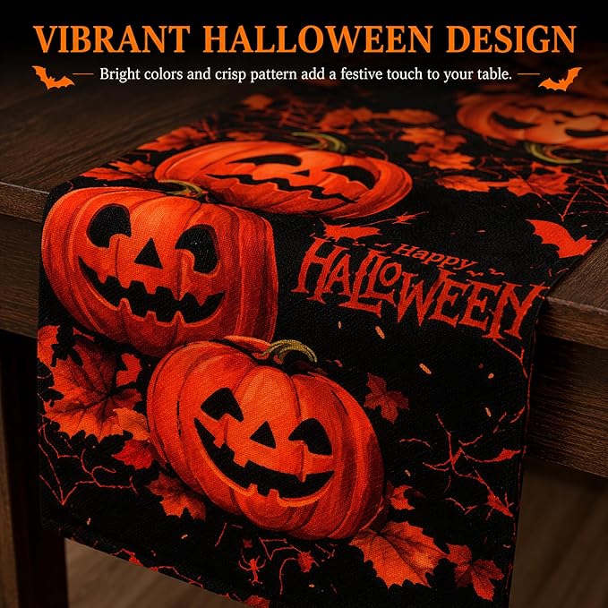 OHOME Halloween Decorations - Happy Halloween Pumpkin Table Runner | Halloween Party Favors Supplies Backdrop for Indoor Outdoor | Halloween Decor Tablecloth for Home Office Dining Kitchen