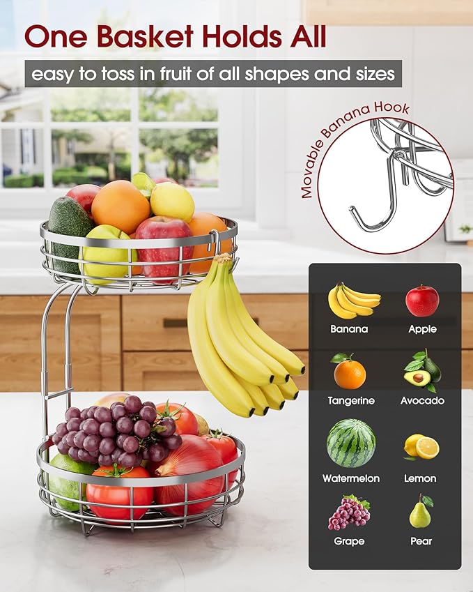 Sakugi Fruit Basket for Kitchen Counter - 2-Tier Large Capacity Fruit Bowl with Detachable Banana Hanger, Rust-Proof Metal Fruit Holder for Vegetables, Bread, Toiletry,10" D x 10" W x 14" H, Silver.