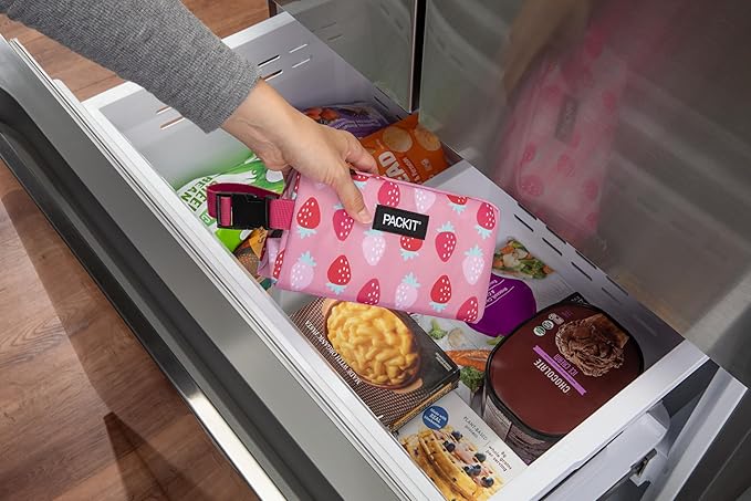 PackIt Freezable Small Insulated Snack Box, Sweet Strawberry, with EcoFreeze Technology (Built-in Ice Pack), Mini Cooler or Small Lunch Bag, For Fresh Snacks On the Go, for Work, Gym, or Travel
