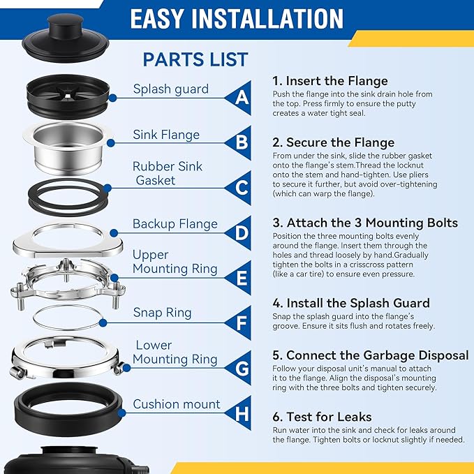Saillong Garbage Disposal Flange, 3 Bolt Mount Stainless Steel Kitchen Sink Flange Kit with Stopper for 3 1/2 Inch Standard Sink Drain Hole, Compatible with InSinkErator Models Garbage Disposal