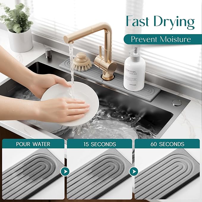Faucet Mat for Kitchen Sink - Diatomaceous Earth Faucet Splash Guard, Fast Drying Sink Protector - Water Absorbing Stone for Bathroom Sink (Grey, 19.5'' x 3.9'')