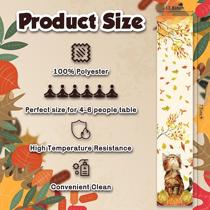Fall Decorations for Home - Cute Autumn Cat Pumpkin Table Runner | Thanksgiving Friendsgiving Decorations for Home Indoor Outdoor - Fall Table Centerpieces Backdrop for Kitchen Dining Room Office