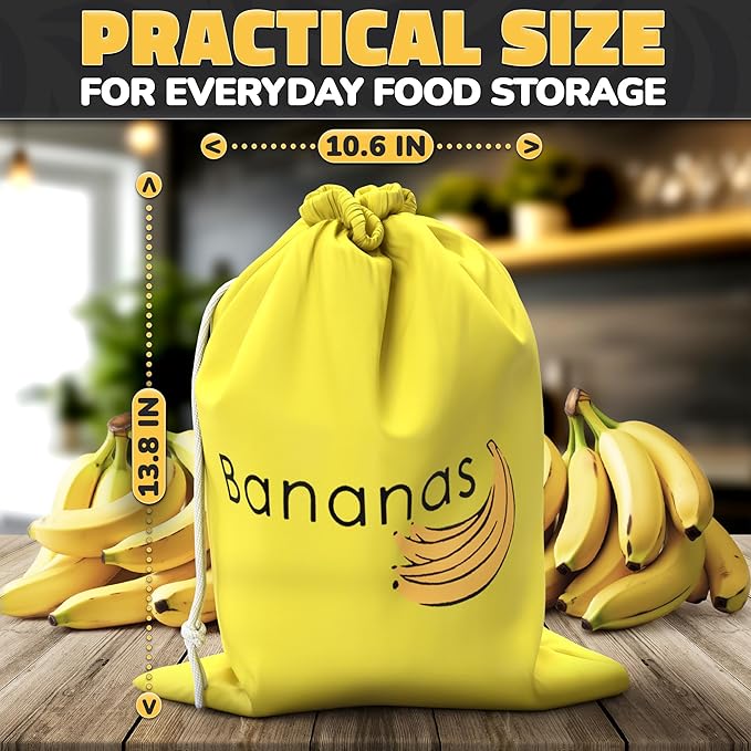 Nylon Banana Bag with Aluminum Lining and Quick Drawstring Closure - 13.8x10.6 in Reusable Banana Keeper for Freshness, Storage, and Prevent Ripening - Washable Material, Suitable for Home and Picnics