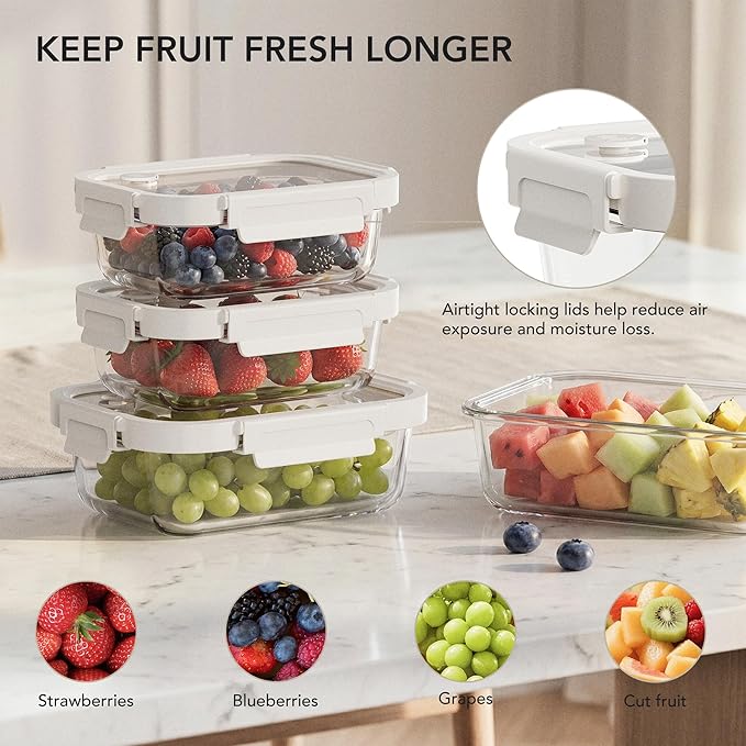 GENICOOOK Glass Fruit Storage Containers for Fridge with Glass Lids, 4 Pack Borosilicate Produce & Meal Prep Containers, Airtight BPA Free Fridge Organizer Containers