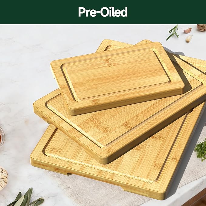 3-Piece Set Bamboo Cutting Board for Kitchen - Crack-Resistant Wood Chopping Boards with Deep Juice Grooves, Pre-Oiled Butcher Block for Meat, Vegetables & Cheese, Natural