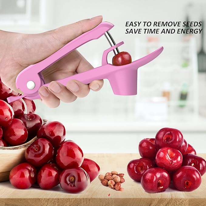 Cherry Pitter - UCMORX Stainless Steel Cherries Pitter Tool Cherries Corer Cherry Remover for Making Cherry Jam with Lock Design(Pink)