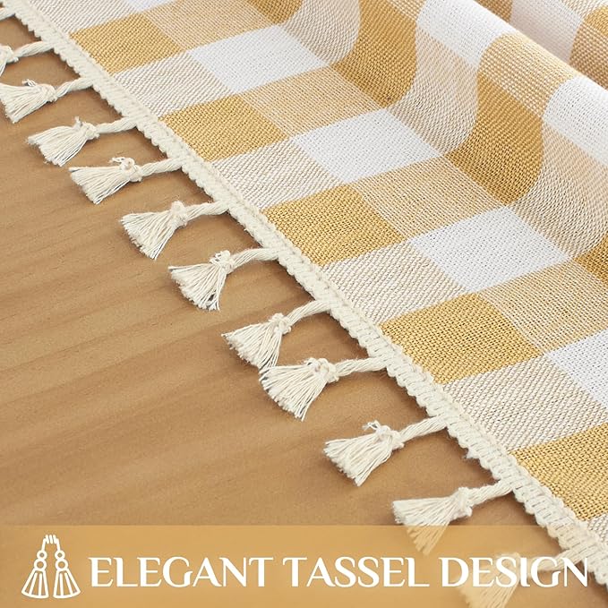 Softalker Checkered Tablecloth Rectangle, Outdoor Linen Cotton Gingham Table Cloth with Tassel, Heavy Duty Wrinkle Free Buffalo Plaid Table Cover for Kitchen Dining Summer Party - 55 x 70 Inch, Yellow