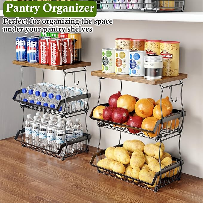 OKZEST 3-Tier Fruit Basket for Kitchen Counter with Banana Hangers, Countertop Organizer Fruit Bowls with Wood Top, Fruit Storage Basket Stand for Storage Potato Onion Bread Snack Fruit Veggie