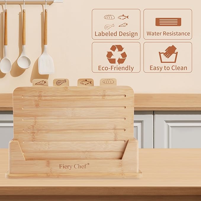 12.6"L x 9"W Bamboo Cutting Board Set of 4 - Wood Cutting Board Set with Holder, Chopping Boards Set with Food Icons, Juice Groove - Ideal for Meat, Fish, Bread, Vegetable, Fruit Chopping