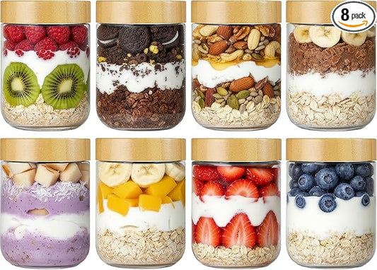 Vtopmart 8 Pack 16oz Glass Overnight Oats Containers with Bamboo Lids, Portable Wide Mouth Glass Jars Leak-proof, Reusable Glass Food Storage Containers for Yogurt Chia Pudding Salad Pickling Snacks