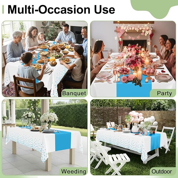 Smiry Plastic Table Cloth Disposable 8 Pack, 54 x 108 Inch Rectangle Waterproof Tablecloth, Printed Gold Table Runner Style for Birthday Weeding, Party Decorations, Leakproof & Sturdy, White and Aqua