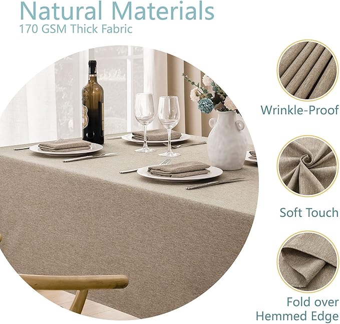 Veblandy Rectangle Tablecloth Linen Textured Waterproof & Stain Resistant Table Cloth Wrinkle Free Decorative Fabric Farmhouse Table Cover for Dining/Party/Buffet/Wedding, 60 x 84 Inch, Mocha