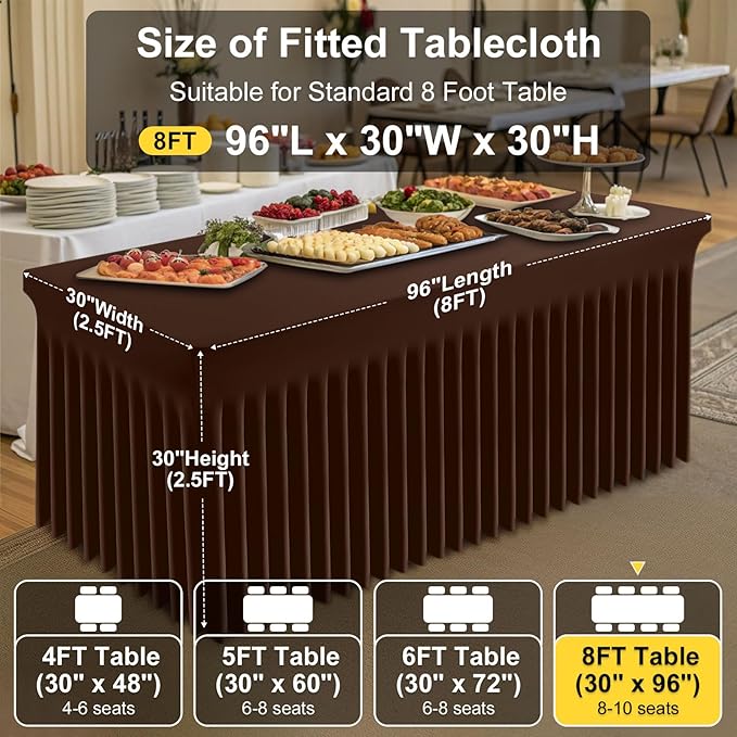 Smiry Spandex Tablecloth, Elastic Fitted Stretch Tablecloth for 8FT Rectangle Tables, Waterproof Washable Table Cover Skirt for Outdoor, Wedding, Banquet & Parties (Coffee, 96Lx30Wx30H Inch)
