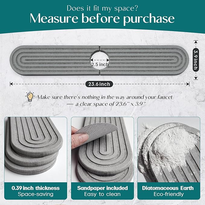Kitchen Faucet Mat - Diatomite Splash Guard for Sink, Quick-Drying Water Absorbing Stone Tray [Grey, 23.6" x 3.9"], Includes Sandpaper