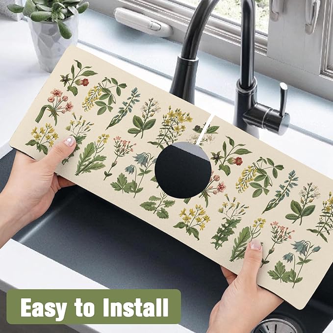 2 Pack 2 Pack Kitchen Sink Splash Guard Faucet Mat 24" X 5.5" Floral Absorbent Fast Drying Mat Faucet Draining Mat Sink Splash Guard Behind Faucet Drip Catcher for Kitchen Bathroom
