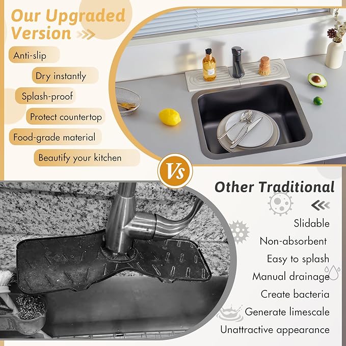 18'' Wider New Upgrade Faucet Mat for Kitchen Sink with U-Shape Hole, Super Fast Drying Diatomite Stone Mat, Sink Splash Guard Draining Mat around Faucet for Island Countertops, Perfect Gift, Ash Grey