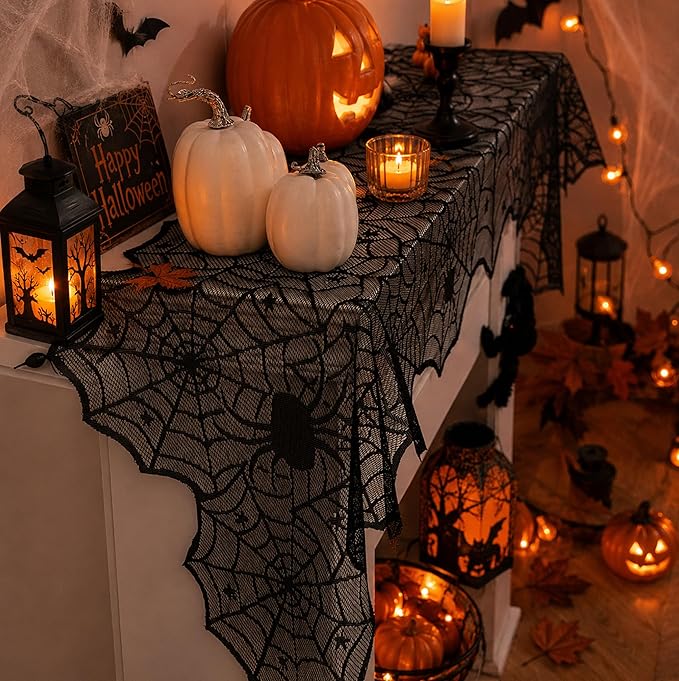 Halloween Decorations - Black Lace Spider Web Table Runner | Halloween Decor Party Favors Supplies for Indoor Outdoor - Halloween Table Centerpiece Decor for Home Office Dining Kitchen, 18 X 72 Inch