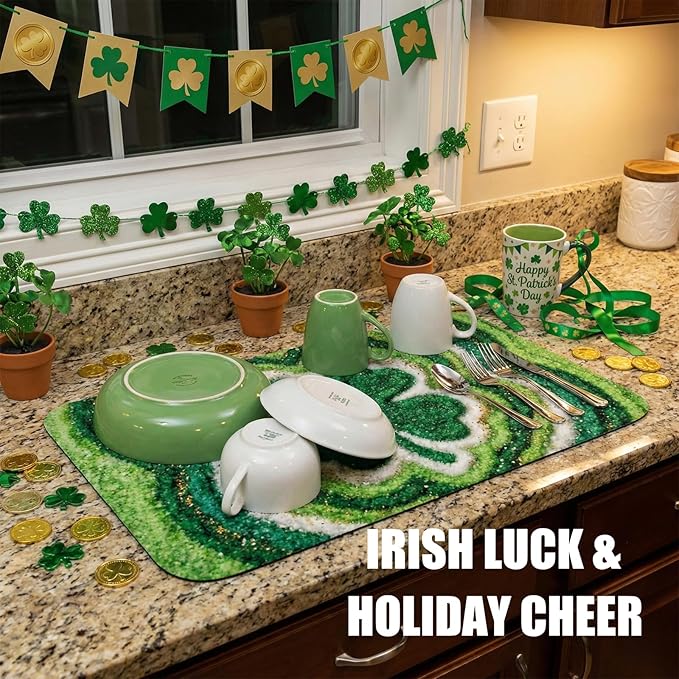 St Patrick’s Day Dish Drying Mat: 12’’x20’’ Green Shamrock Absorbent Counter Protector, Non-Slip Bar & Coffee Mat - Irish Lucky Clover Gold Coin Theme Home Kitchen Holiday Decor