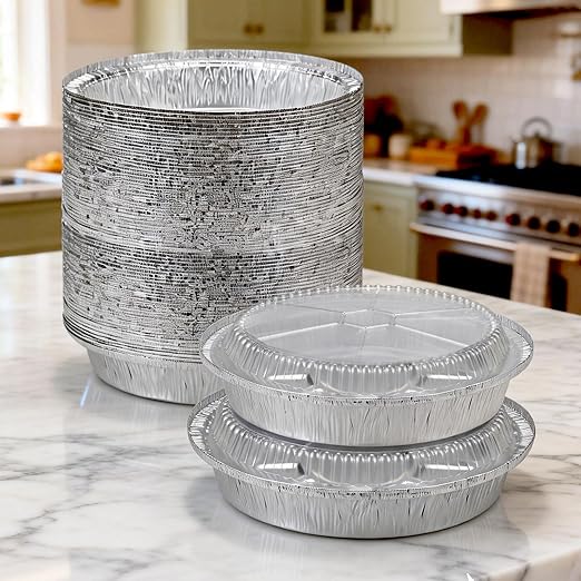 7 Inch Round Aluminum Foil Pans with Clear Lids（50 Pack）Disposable Round Foil Pans,Aluminum Pie Tins,Pie Pans Take-Out Containers for Storing, Baking, Meal Prep & Reheating | Freezer & Oven Safe