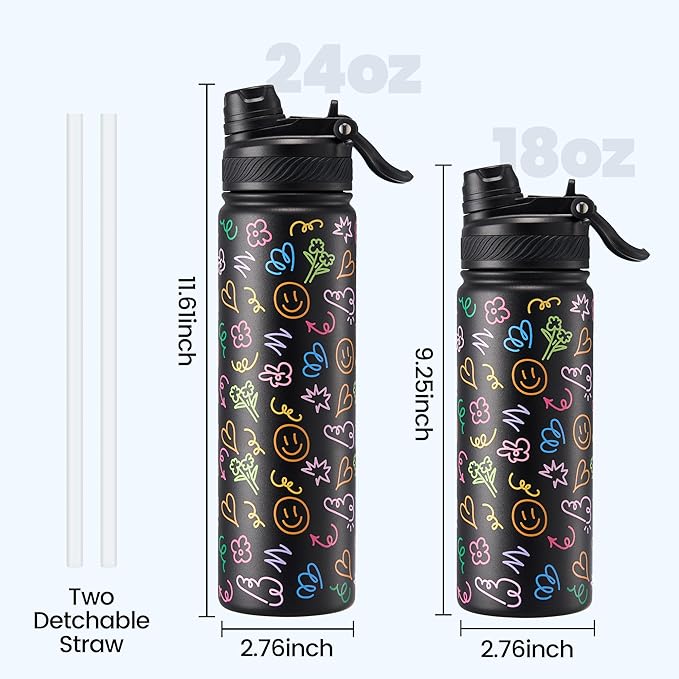 Fijinhom 18 oz Insulated Water Bottle, 2-in-1 Straw and Spout Lid Stainless Steel Thermos, Leak-Proof, Double Wall Vacuum Flask, Keep Cold 24H for Outdoor, Sports, Travel, School (Graffiti)